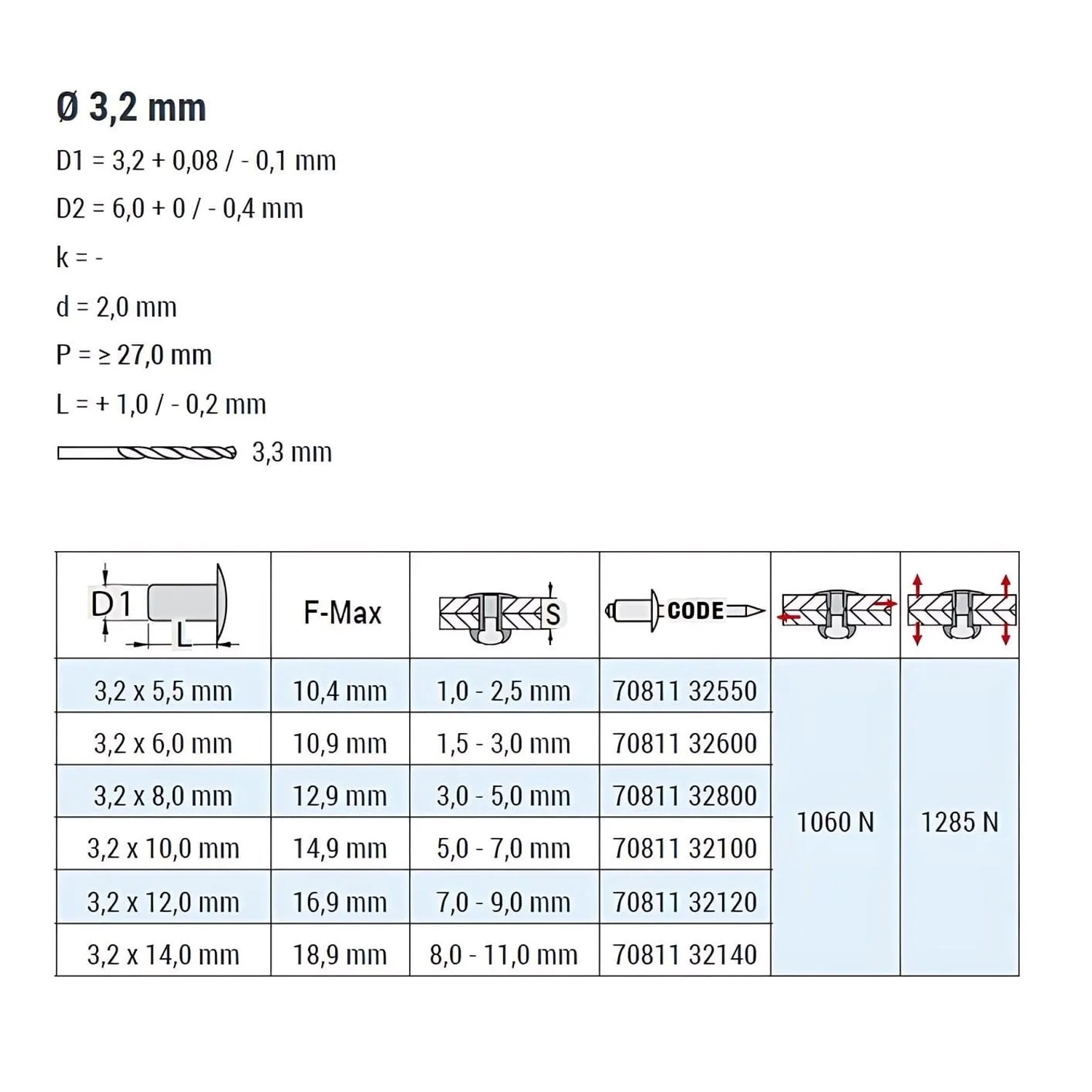 Technische Zeichnung Goebel Blindniete Stahl 3,2x8 mm Senkkopf ISO15980, Maße und Details.