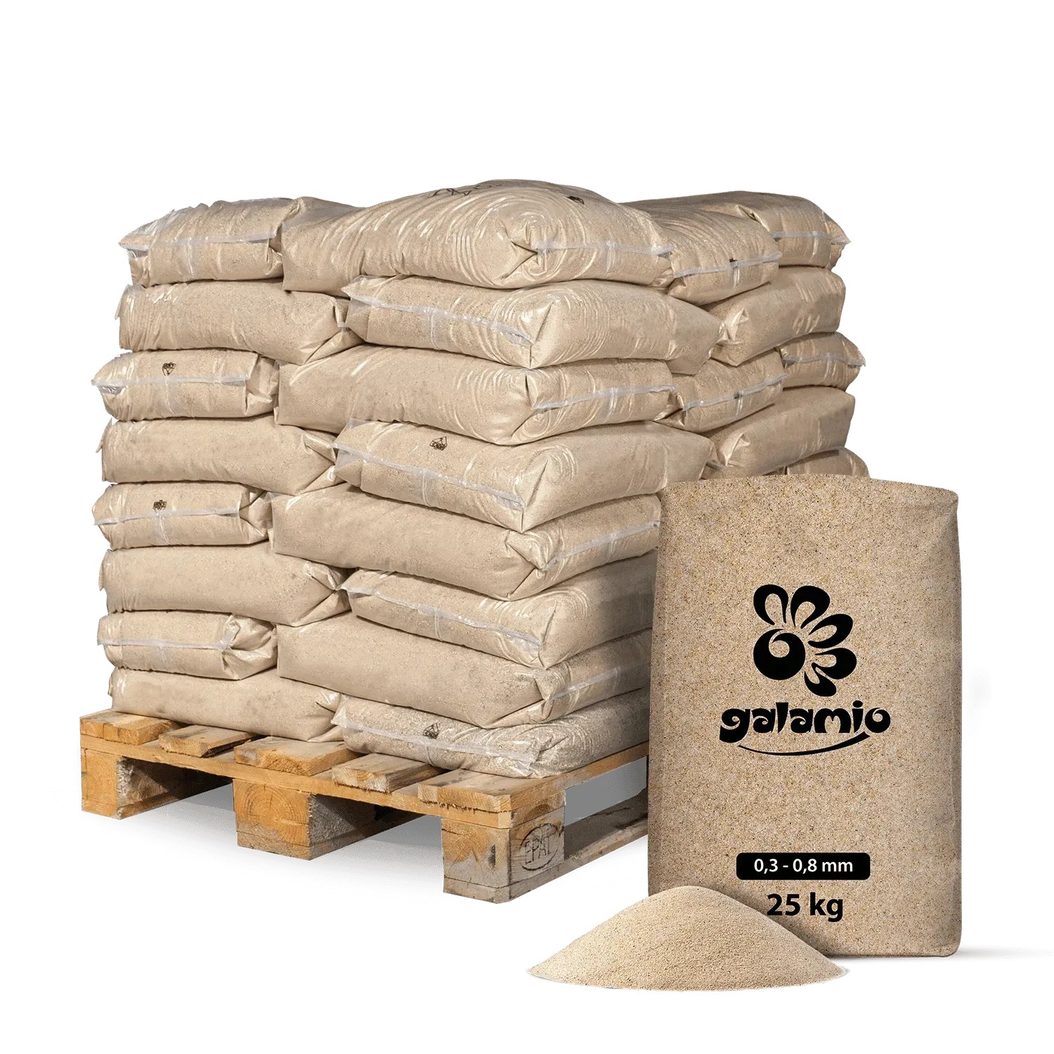 Galamio Quarzsand 25kg auf Palette, geeignet als Vogelsand, Aquariensand und Terrariensand.