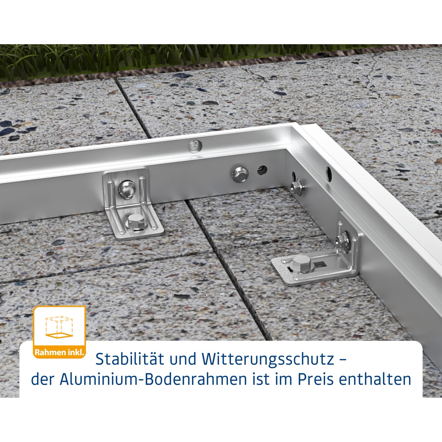 Detailaufnahme des Aluminium-Bodenrahmens für Ecostar Gerätehaus, der im Preis enthalten ist.