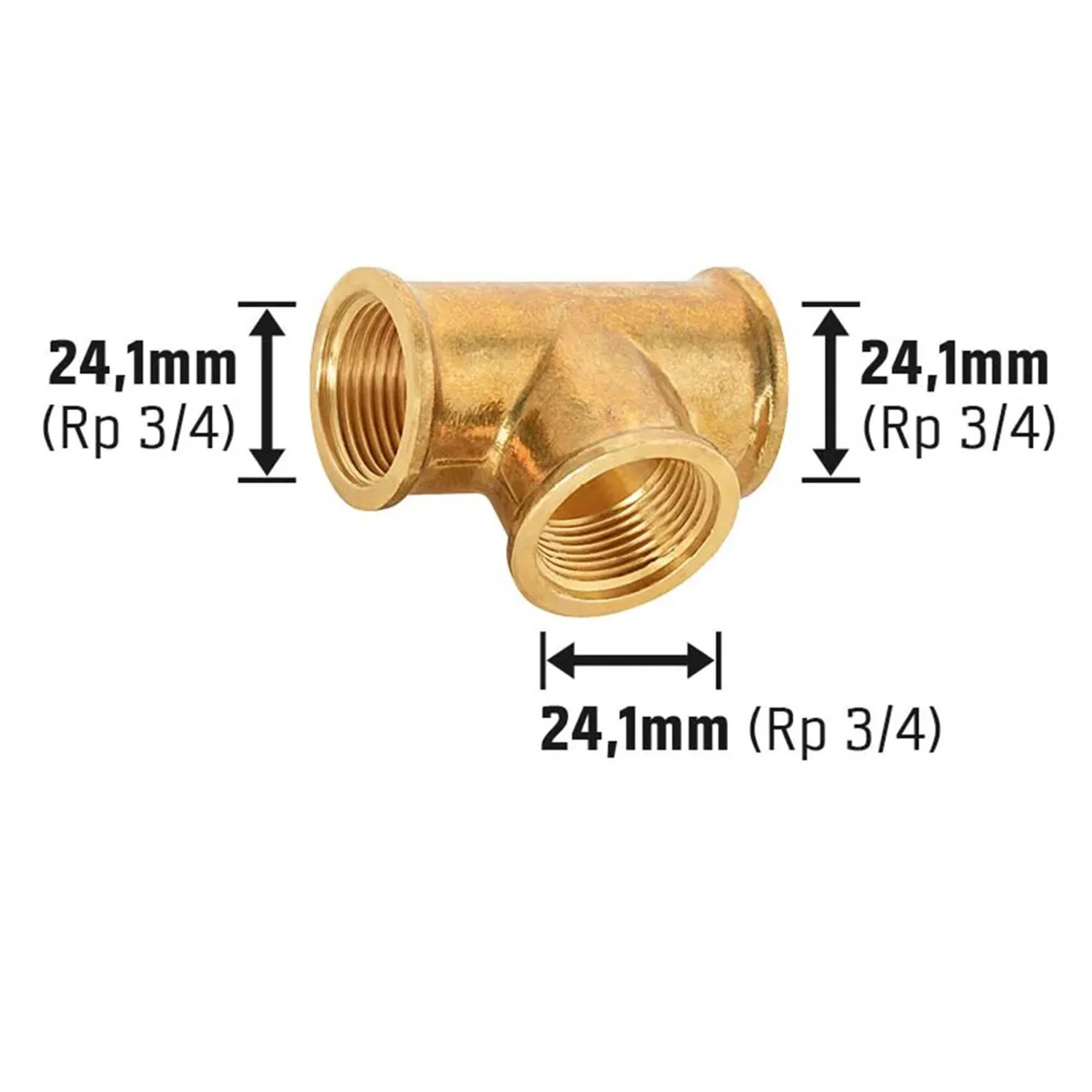 Messing Gewinde-T-Stück 24,1 mm (Rp 3/4) für Rohrverzweigungen im Heizungs- und Sanitärbereich.