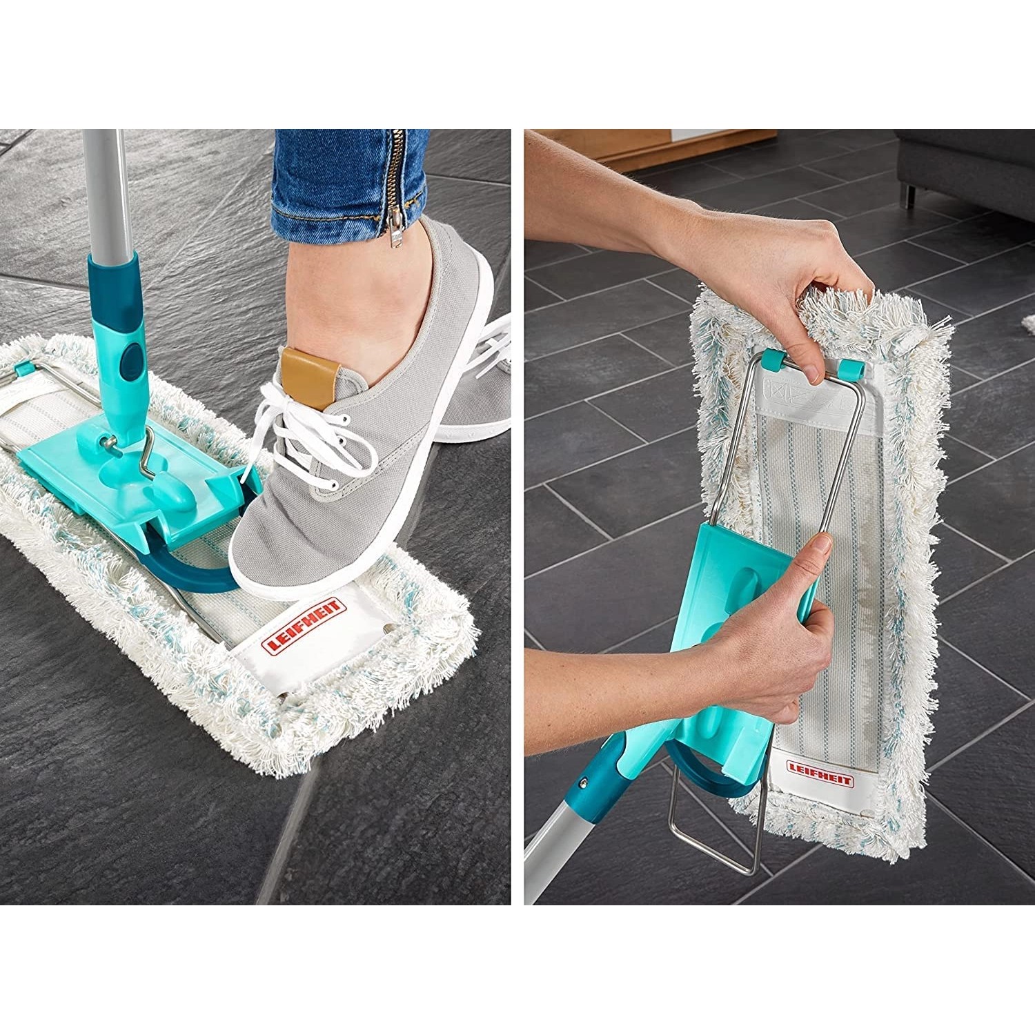 Leifheit Bodenwischer Profi XL für Fliesen und Steinböden in Aktion, mit Fußbedienung und Bezugwechsel.