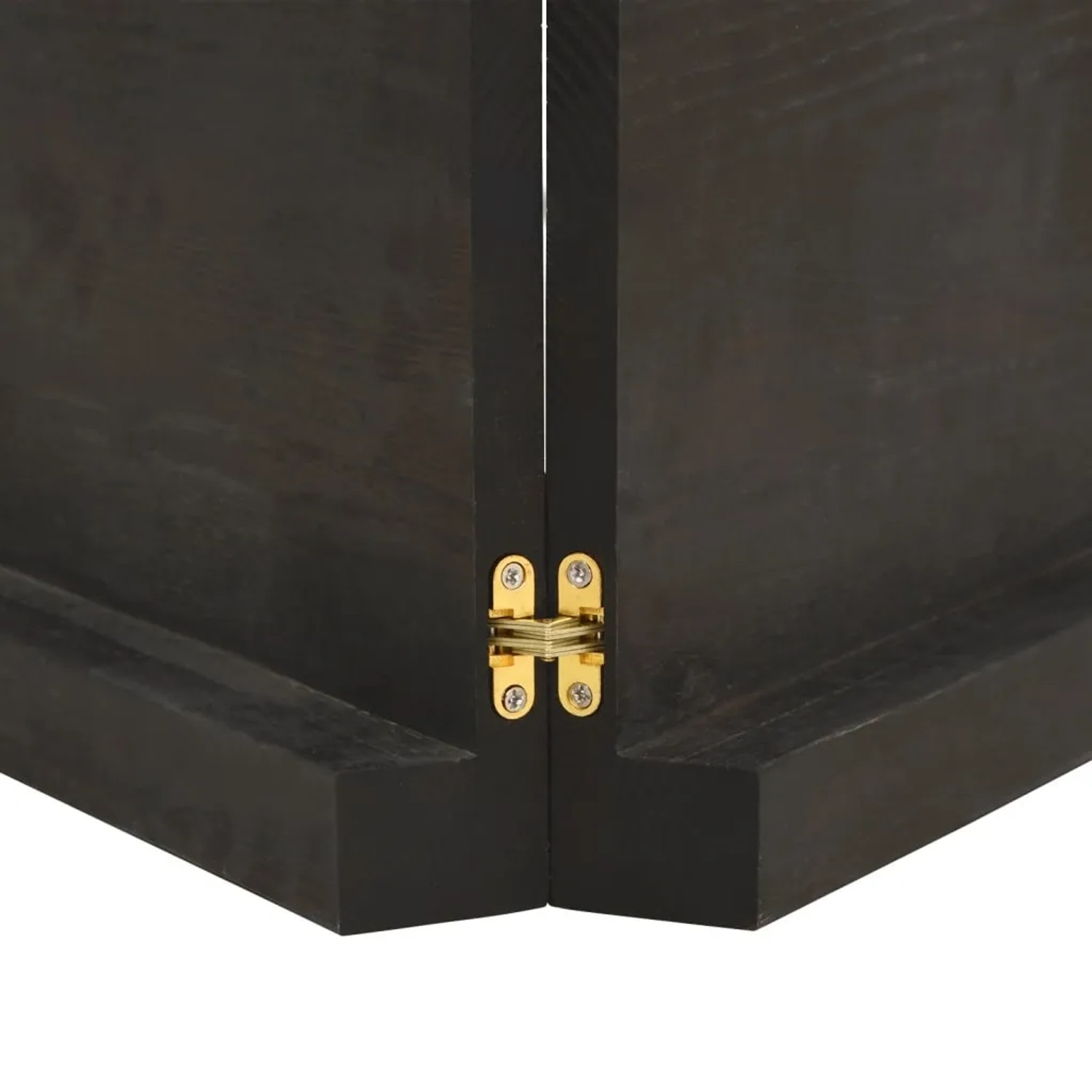 Detailaufnahme: Dunkelgraue vidaXL Waschtischplatte aus Massivholz mit goldfarbenen Scharnieren.