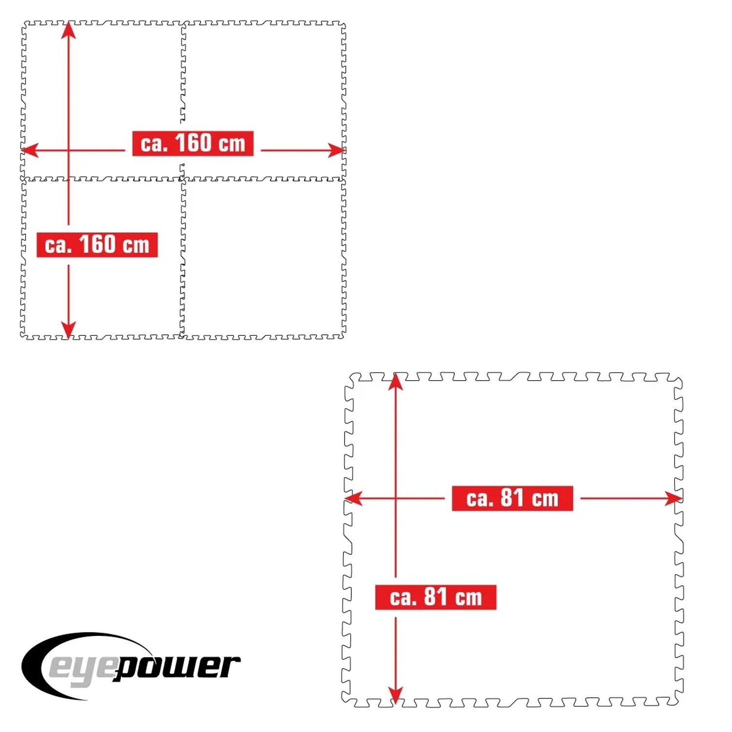 Blaues eyepower Poolunterlage 4er Set, 81x81 cm, mit Maßangaben. Bodenschutzmatte für Pools.