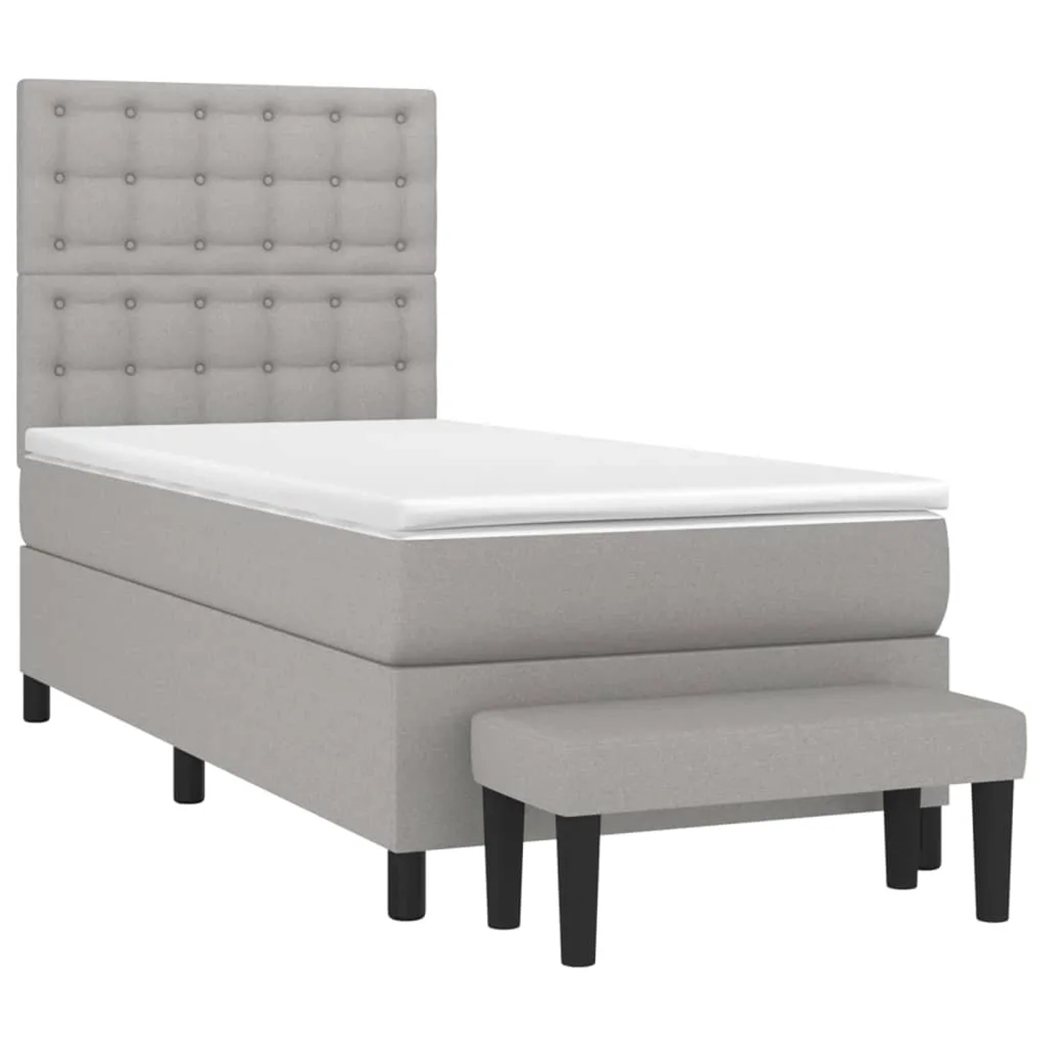 Hellgraues Boxspringbett 100x200 cm mit Matratze, Auflage und Bank. Bequemes Bett für erholsamen Schlaf.