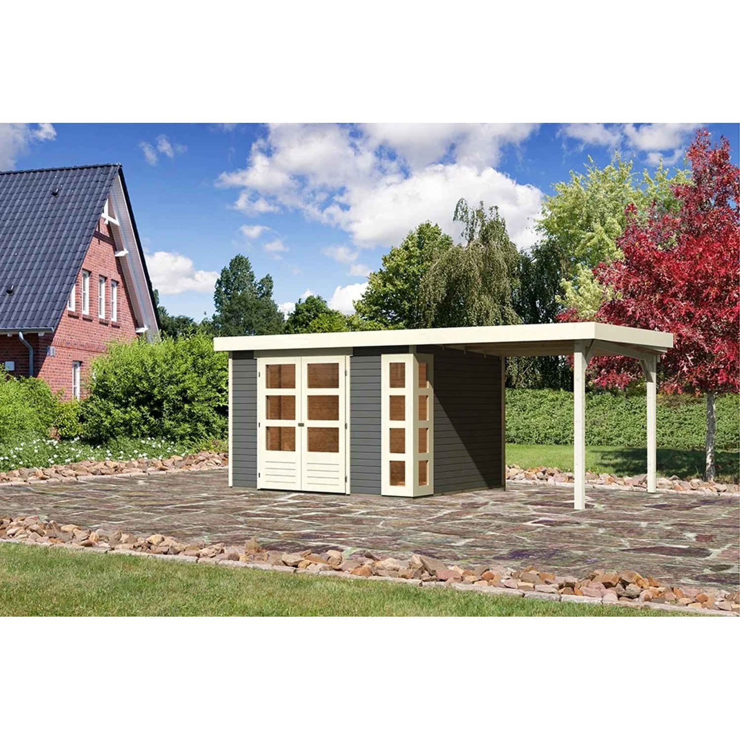 Karibu Holz-Gartenhaus Sölve terragrau mit Flachdach und Anbau.