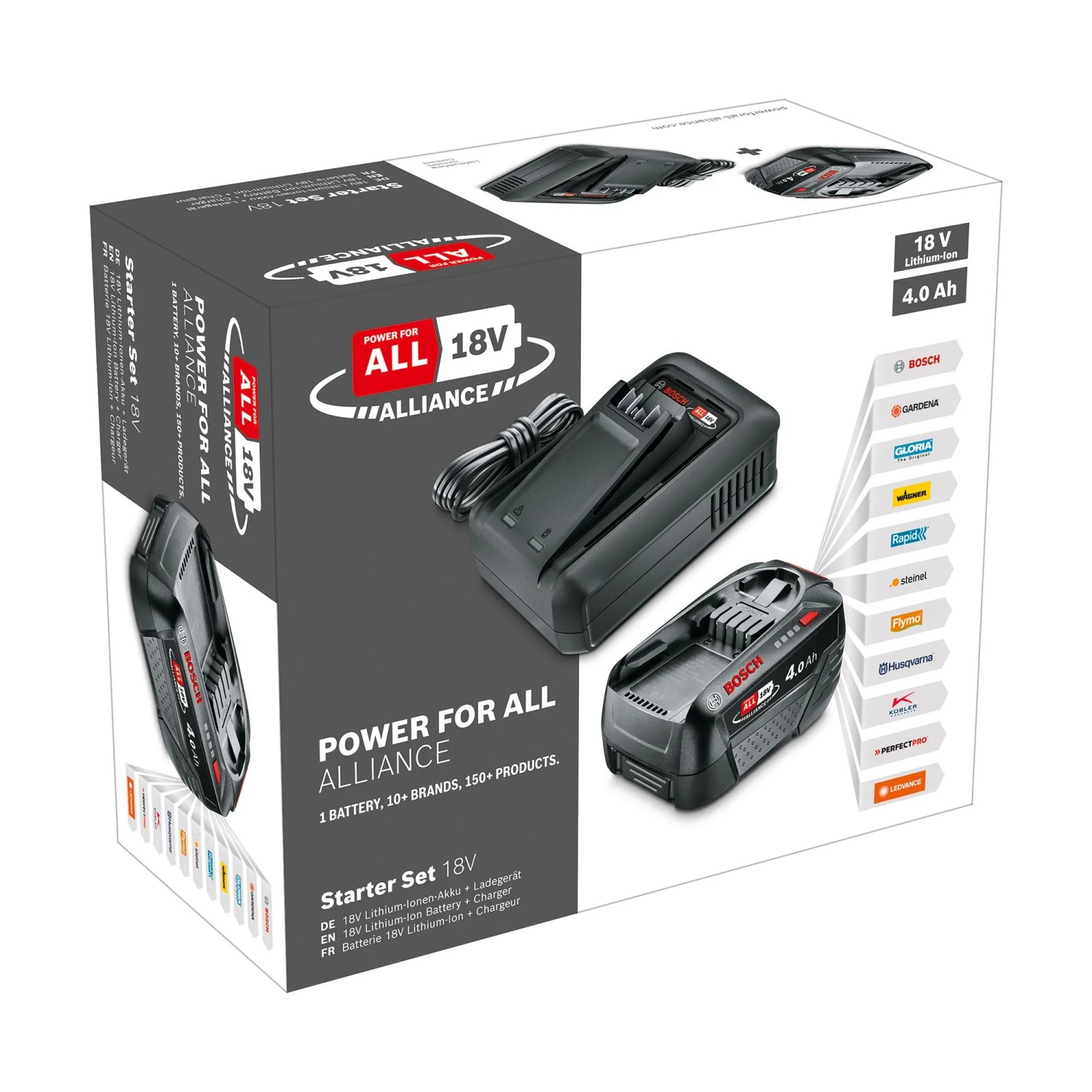Bosch Starter-Set 18V mit 4,0 Ah Akku und Ladegerät für Elektrowerkzeuge.