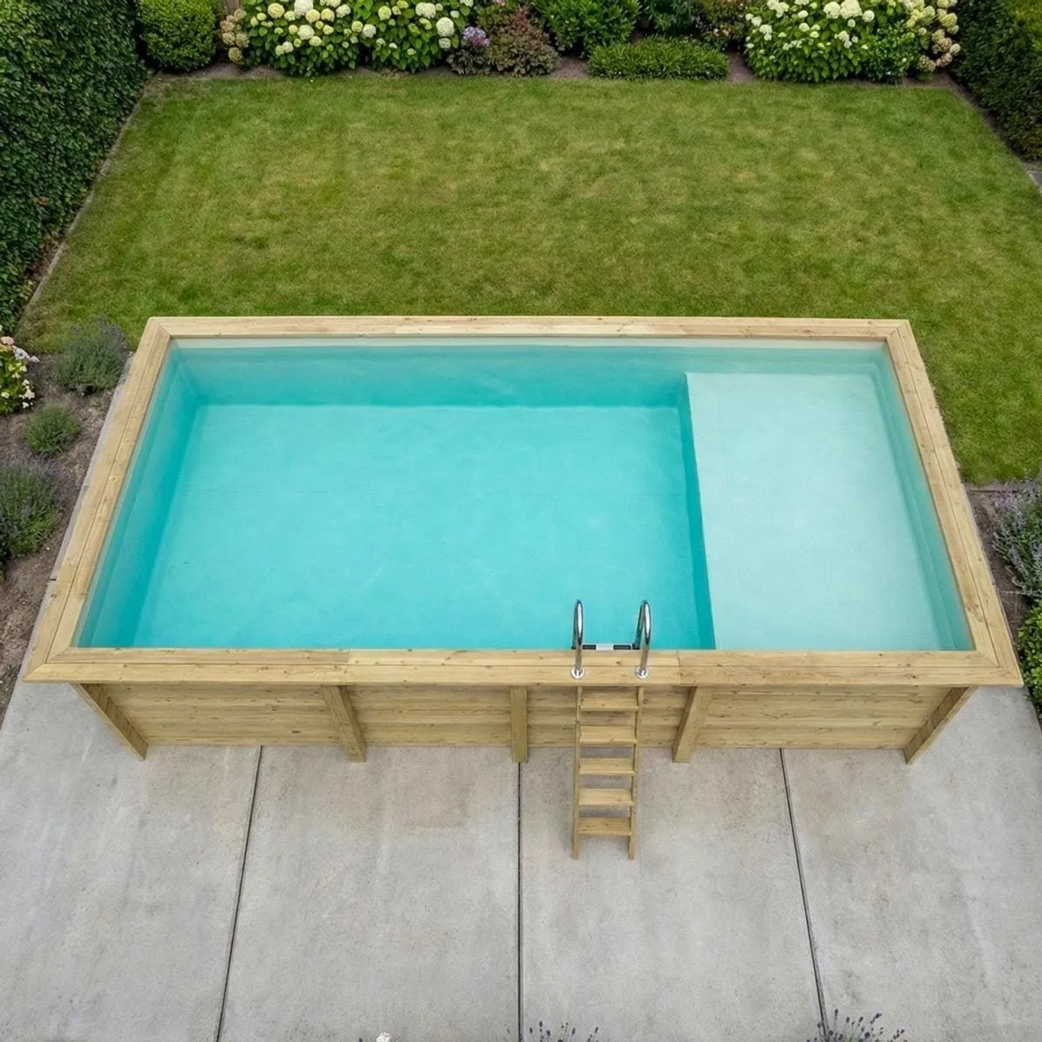 ALTANKA Holzpool Aqua 7x3,75 Höhe 1,45 m SANDFARBEN mit Liegefläche mit Einzubetonierendem Profil BAS7308OSPI3+PLA308_3
