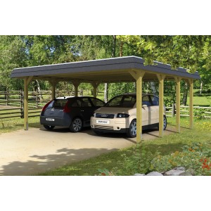 Skan Holz Doppelcarport Spreewald mit Walmdach und schwarzer Blende für zwei PKW.