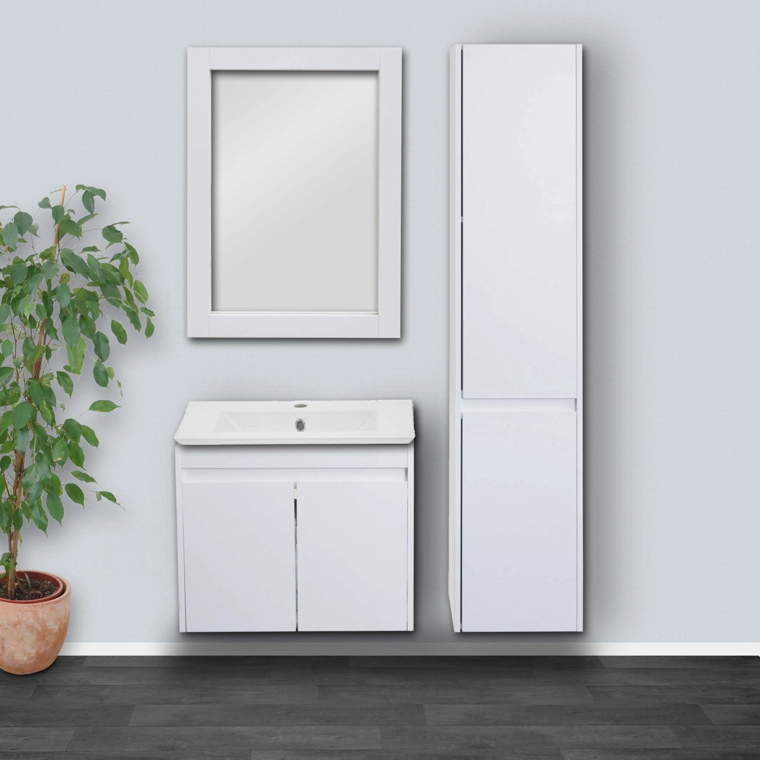 Weißes Badmöbel-Set: Waschtisch mit Spiegel und Hängeschrank für Badezimmer.