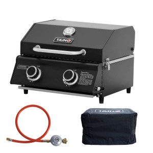 Taino Platinum Compact Dark Gasgrill Set mit 2 Brennern, Haube und Regler für Camping & BBQ.