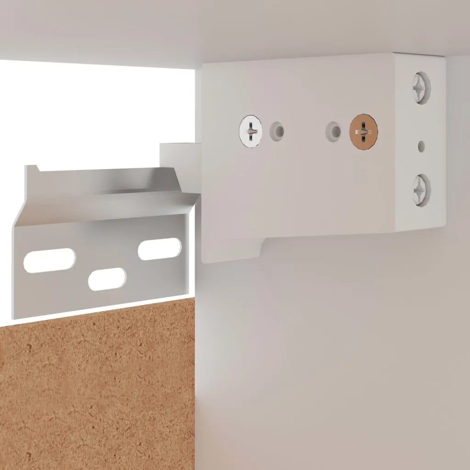 Detailaufnahme Eckhängeschrank (weiß) aus Holzwerkstoff, Montageelemente sichtbar.