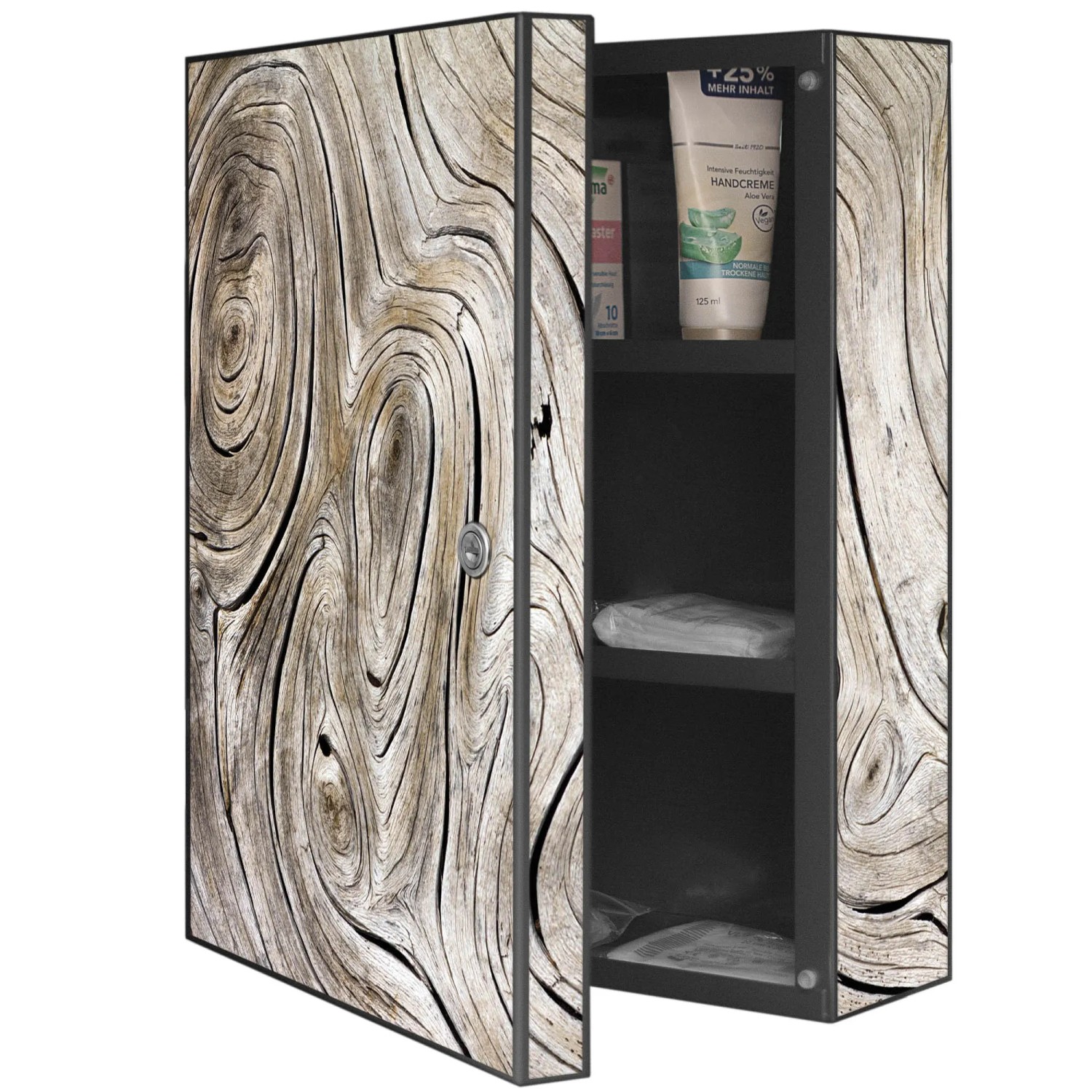 Offener, abschließbarer Banjado XXL Medizinschrank in Anthrazit mit Holzwirbel-Motiv, 35x46x15cm.