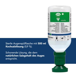 Augenspülflasche mit 500 ml steriler Kochsalzlösung (0,9%) für die Augenspülung bei Verletzungen.