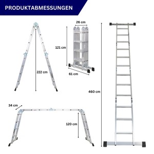 PROREGAL Mehrzweckleiter MULTISTEP, Aluminium, 4x4 Sprossen, bis 4,6m Höhe, als Steh-, Anlegeleiter oder Gerüst nutzbar.