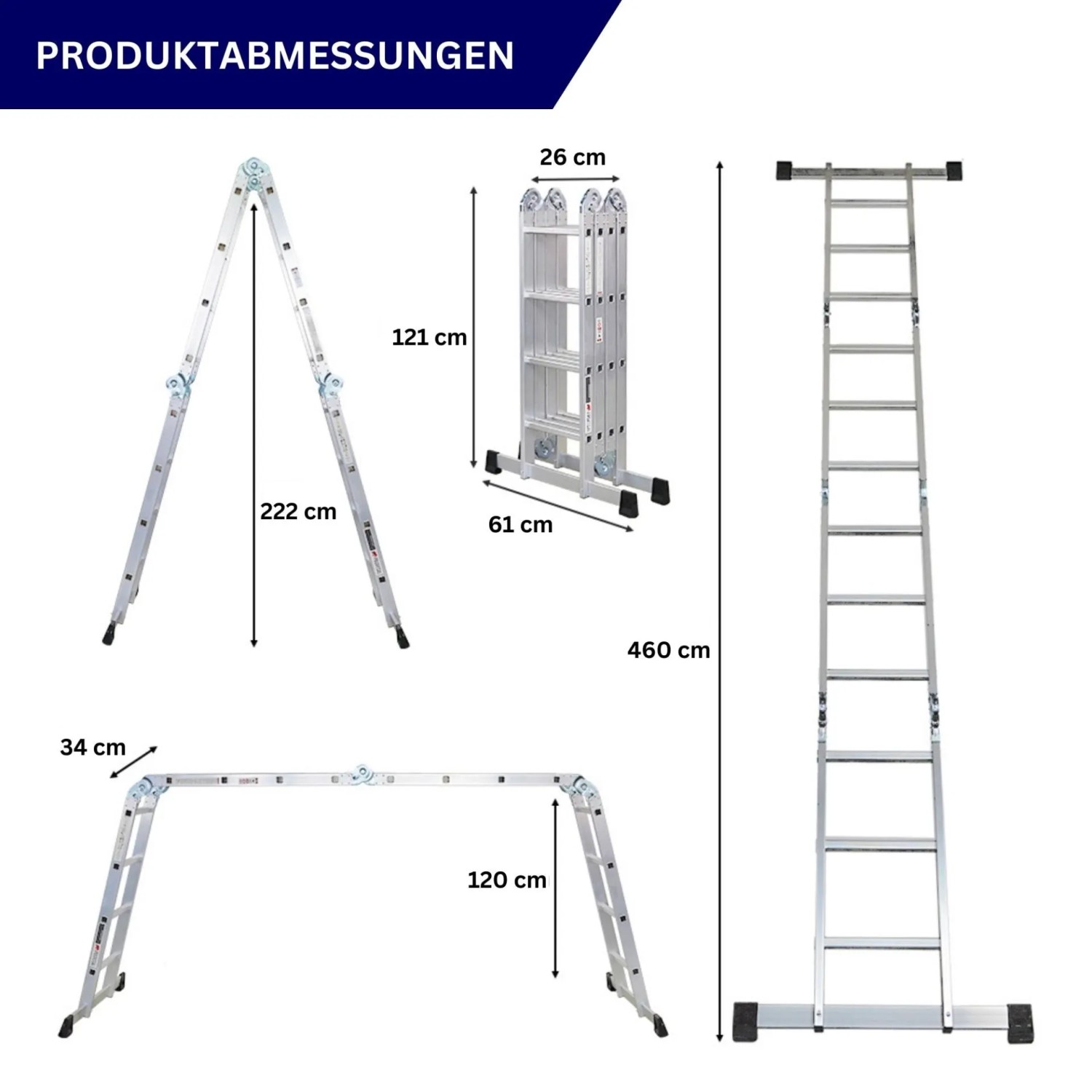 PROREGAL Mehrzweckleiter MULTISTEP, Aluminium, 4x4 Sprossen, bis 4,6m Höhe, als Steh-, Anlegeleiter oder Gerüst nutzbar.