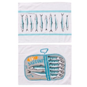 Boltze Geschirrtuch Sardine, 2er Set aus Baumwolle mit Fischmotiven in Blau und Grau.