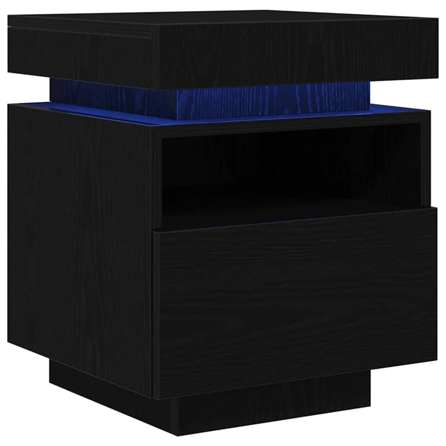 Schwarzer Nachttisch mit Schublade, Regal und LED-Beleuchtung aus Holzwerkstoff.