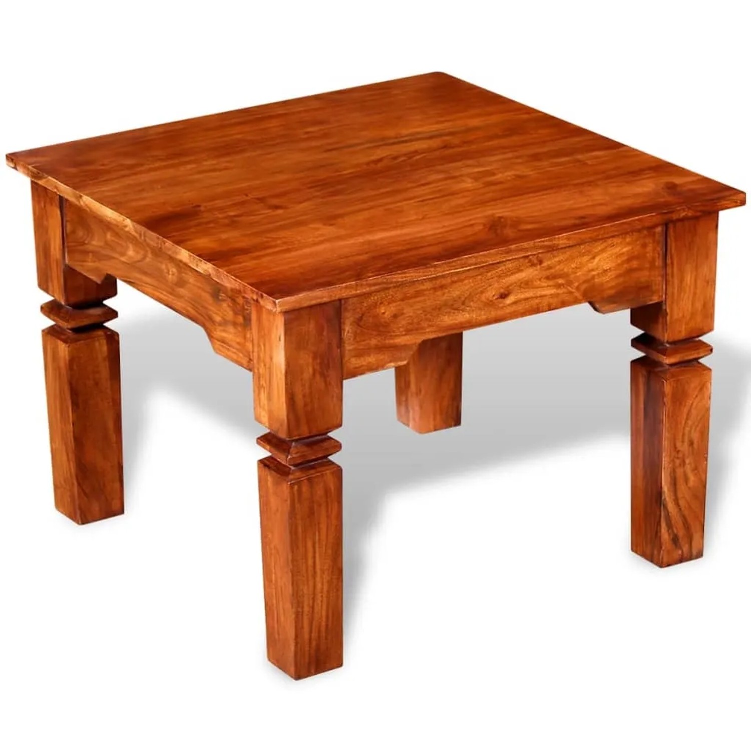 Quadratischer, brauner Couchtisch aus massivem Akazienholz, 60x60x45 cm, für Wohnzimmer.