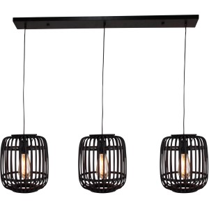 Schwarze, dreiflammige Pendelleuchte Woodrow von Brilliant mit Rattanschirm im Open Structure Design.