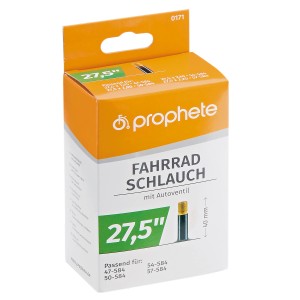 Verpackung eines Prophete Fahrradschlauchs, 27,5 Zoll mit Autoventil.