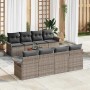 Graues 9-teiliges vidaXL Garten-Sofa-Set aus Poly Rattan mit Tisch und modularem Design.
