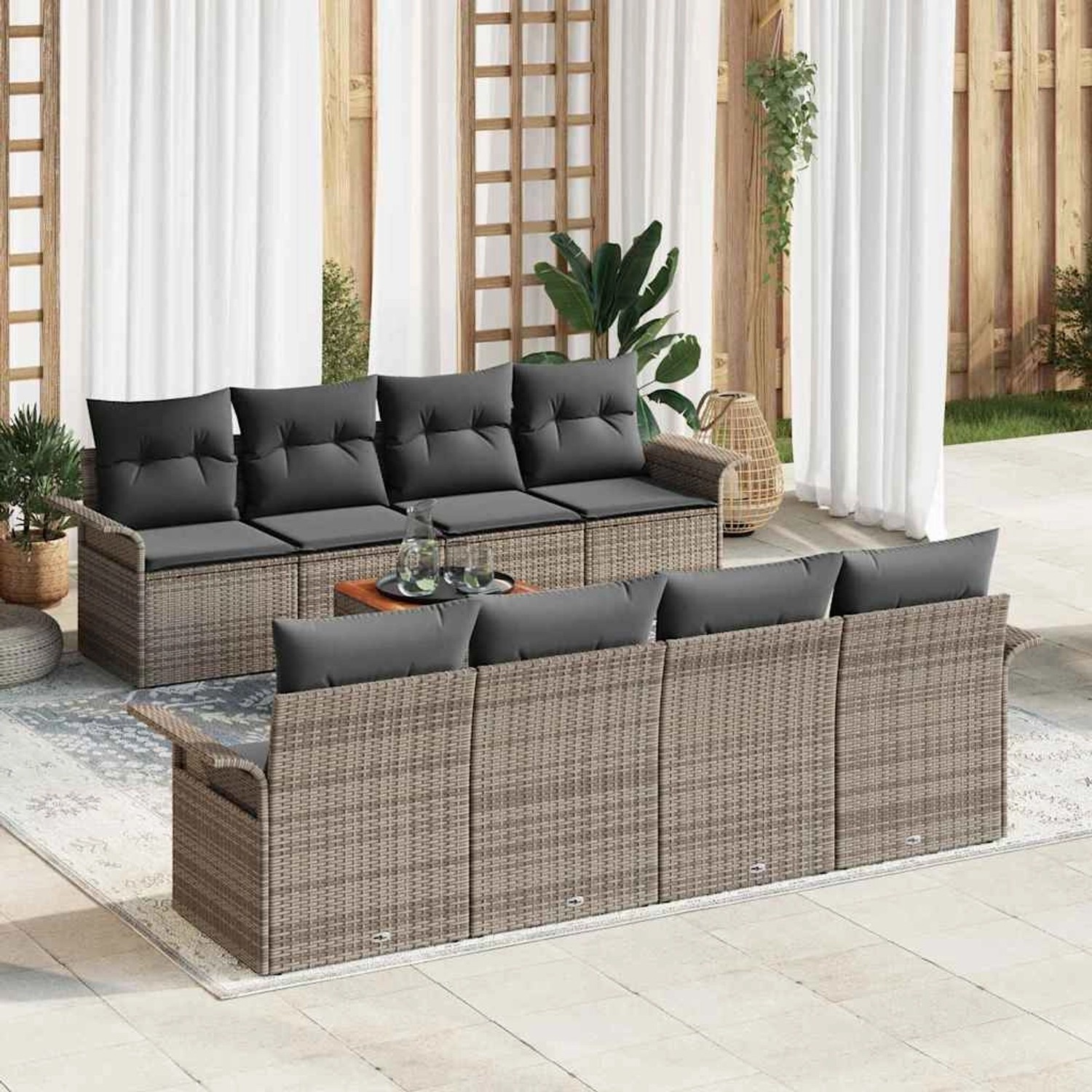 Graues 9-teiliges vidaXL Garten-Sofa-Set aus Poly Rattan mit Tisch und modularem Design.