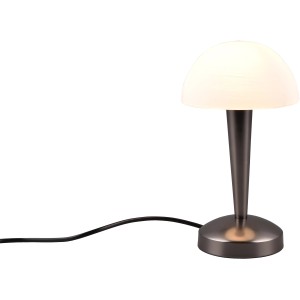 Weiße Reality Design-Tischleuchte Canaria mit chromfarbenem Fuß.