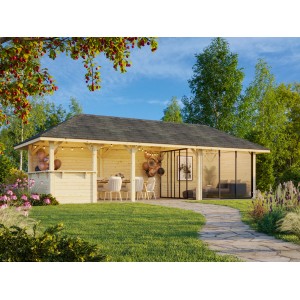 Palmako Pavillon Bianca Set, 876x300 cm, weiß lackiert. Weekendhaus mit Schiebetüren und Tresen.