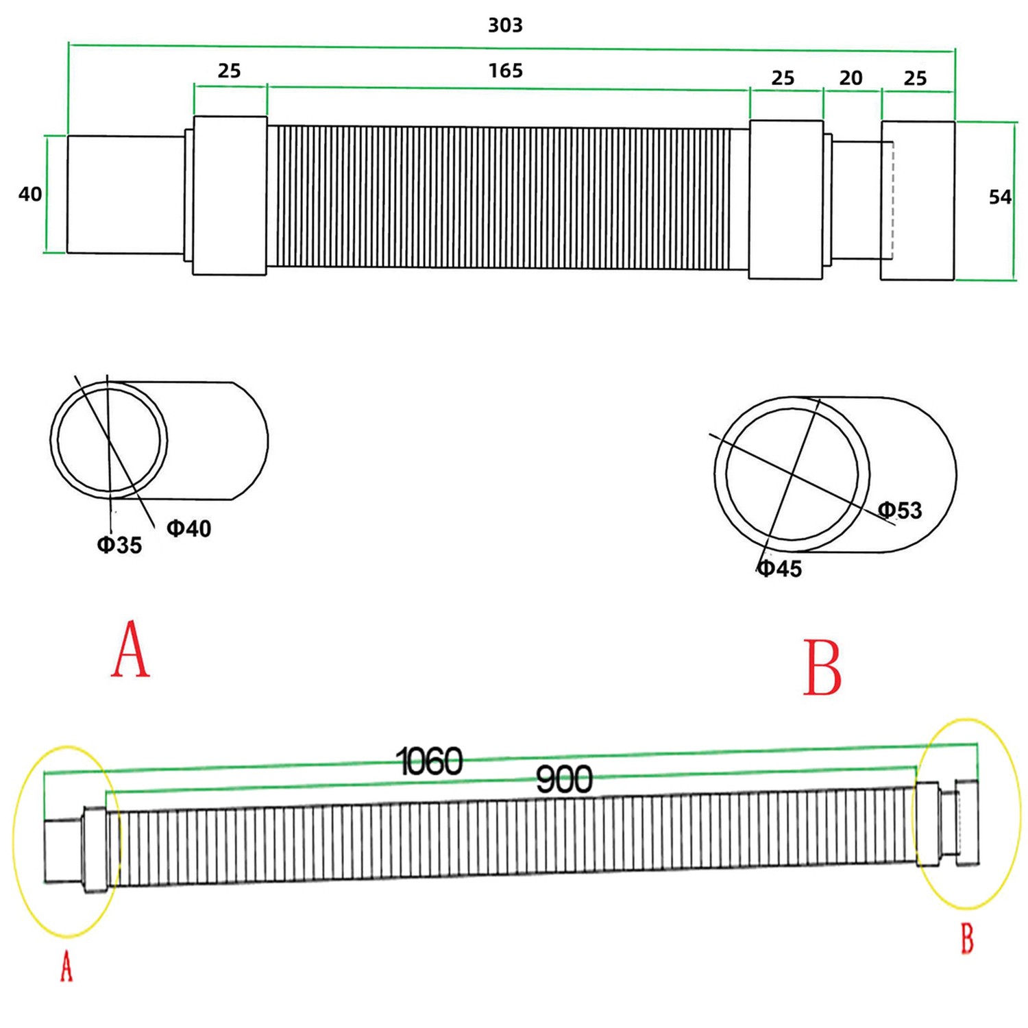Technische Zeichnung Ablaufschlauch für AICA Duschtasse, Maße und Details.