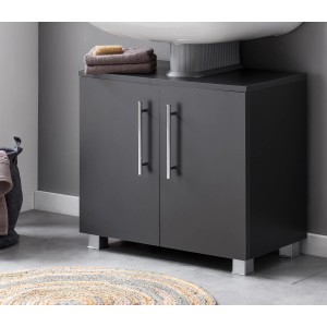 Badmobil Waschbeckenunterschrank, anthrazit, 60 cm breit, mit zwei Türen und silbernen Griffen.