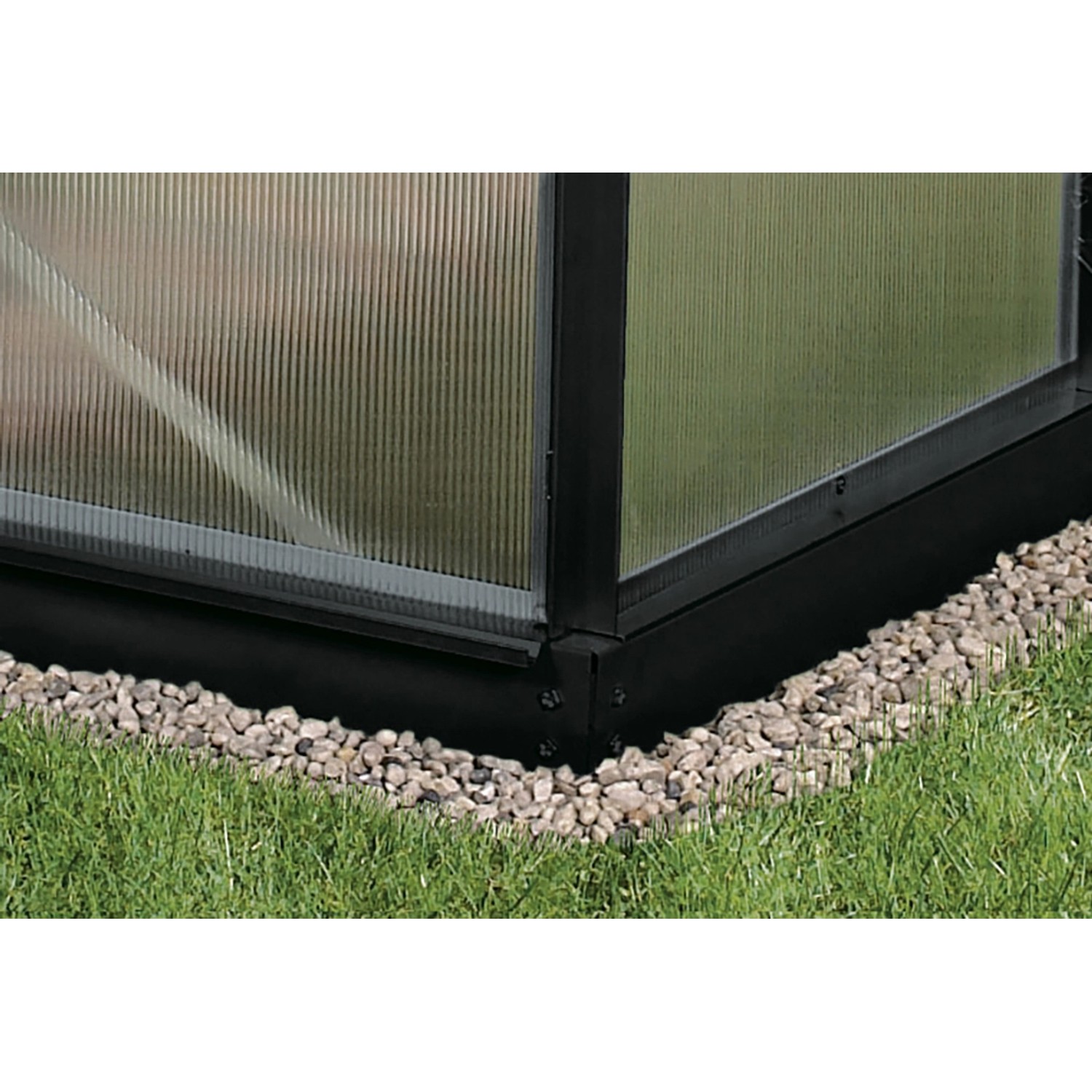 Schwarzes Stahlfundament Vitavia 900, 6 cm hoch, mit Schrauben und Klammern für Gewächshäuser.