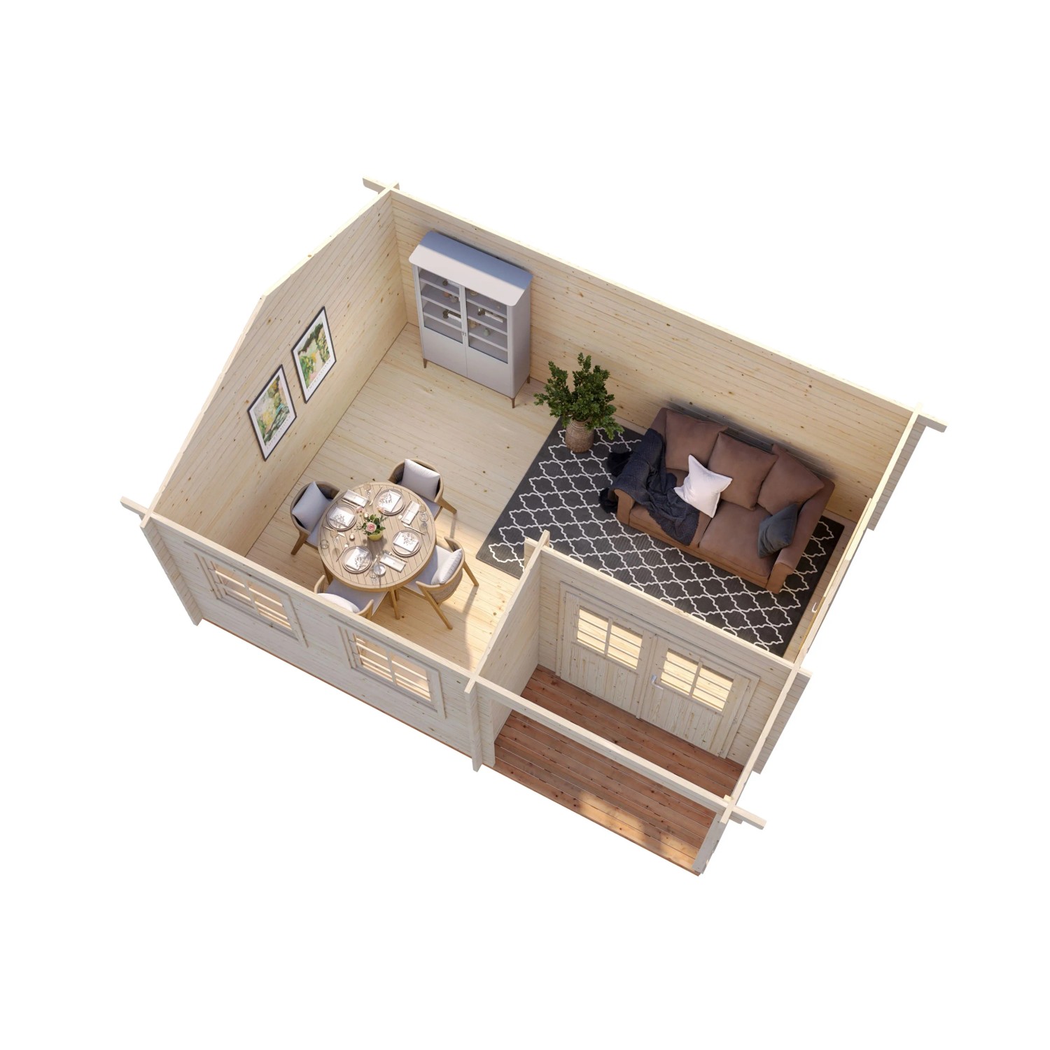 Innenansicht Palmako Holz-Gartenhaus: Ess- und Wohnbereich mit Holzwänden, Tisch, Stühlen, Sofa und Schrank.
