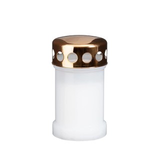 Weißes Luca Lighting LED-Grablicht mit goldener, perforierter Kappe. Batteriebetrieben für Gedenkorte.