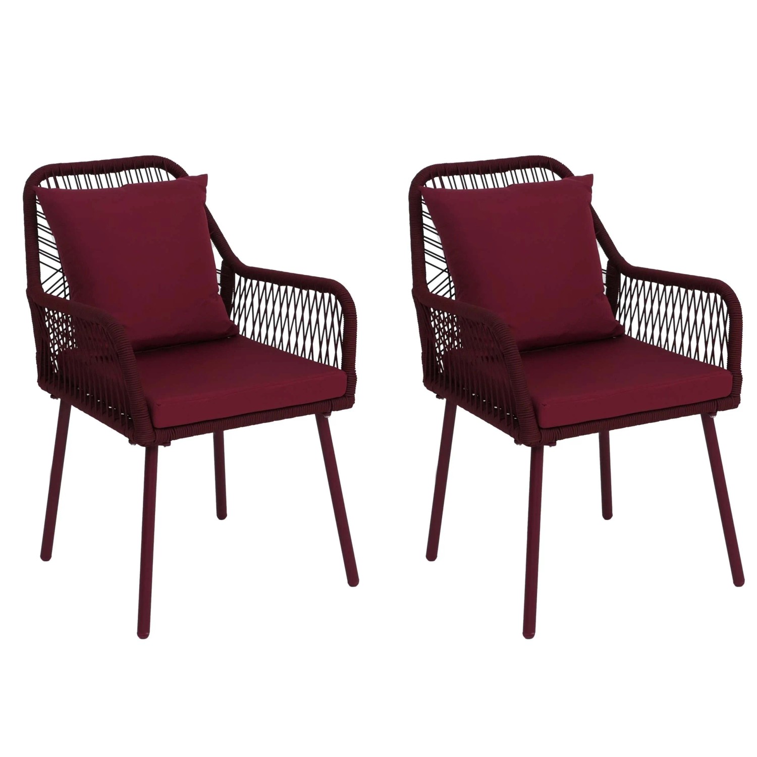 PROREGAL 2er-Set Gartenstuhl HxBxT 81x54x62cm Outdoor Sitz-/Rückenpolster Aluminium Seilgeflecht Rope Bordeaux Bezug Bordeaux
