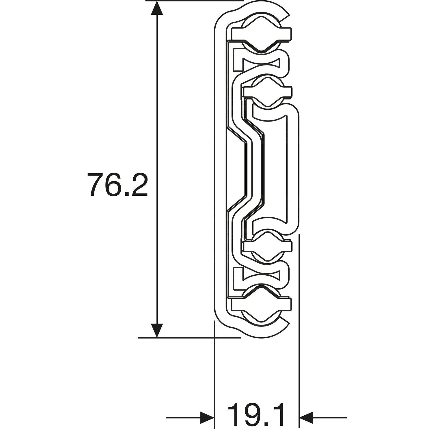Technischer Querschnitt der Accuride Kugelkäfigführung mit Maßen 76,2 mm Höhe und 19,1 mm Breite.