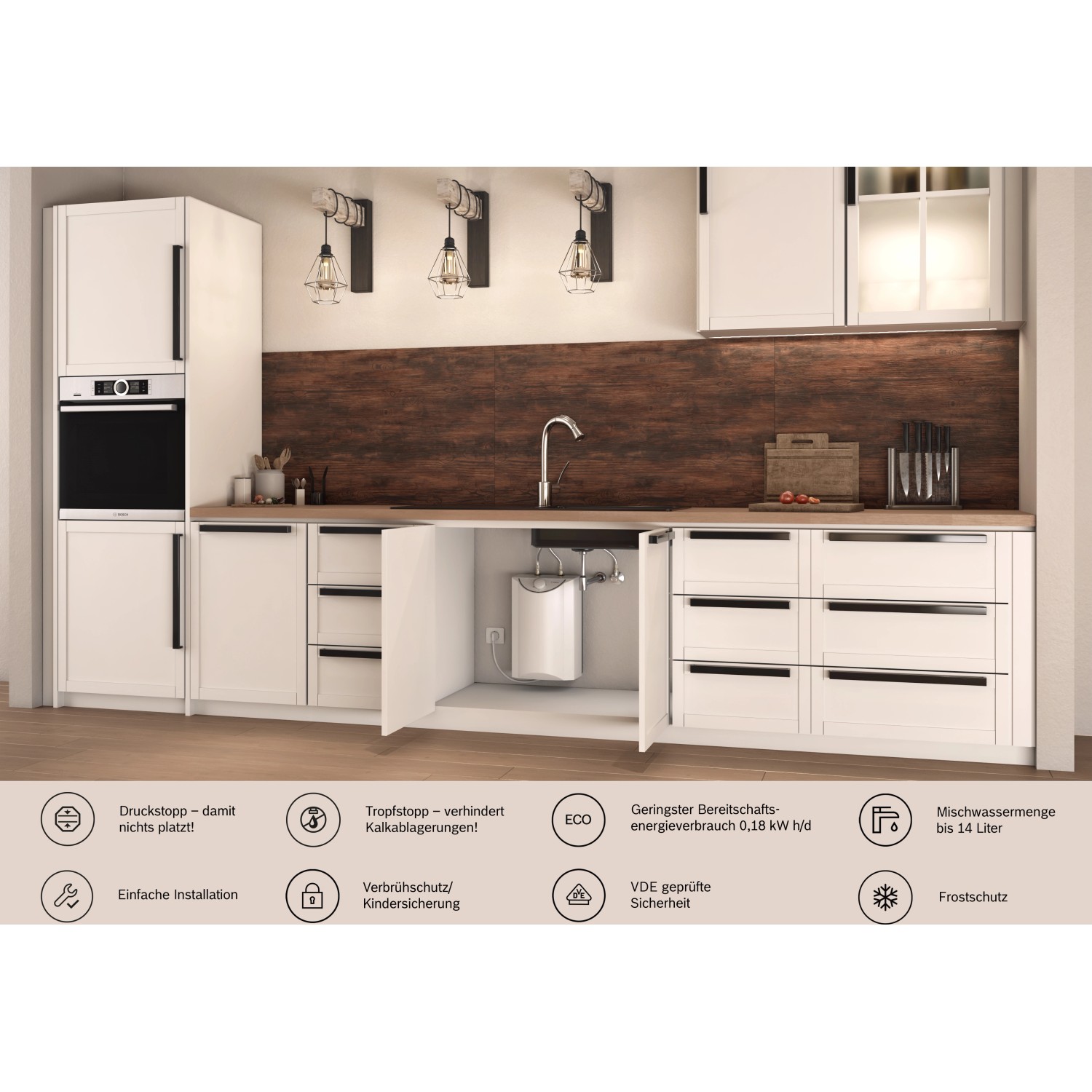 Bosch Kleinspeicher Tronic Store Advanced 5 l in Küchenzeile unter Spüle.