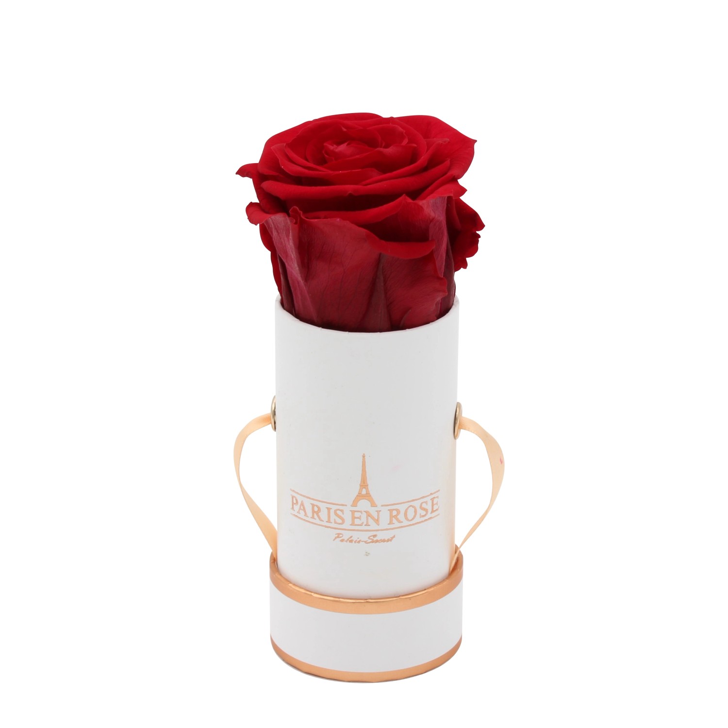 Rosenbox Ø 5 cm Weiß-Roségold mit einer Bordeaux Rose