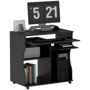 Schwarzer HOMCOM Computertisch aus Spanplatte mit Tastaturauszug und Rollen.