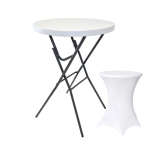 Klappbarer TRUTZHOLM Stehtisch mit weißer Husse, Ø 80cm, ideal für Partys und Events.