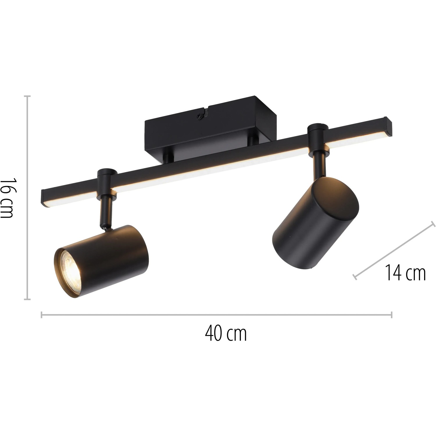 Schwarze Paul Neuhaus Barik Wand-/Deckenleuchte mit 2 schwenkbaren Spots und LED-Leiste.