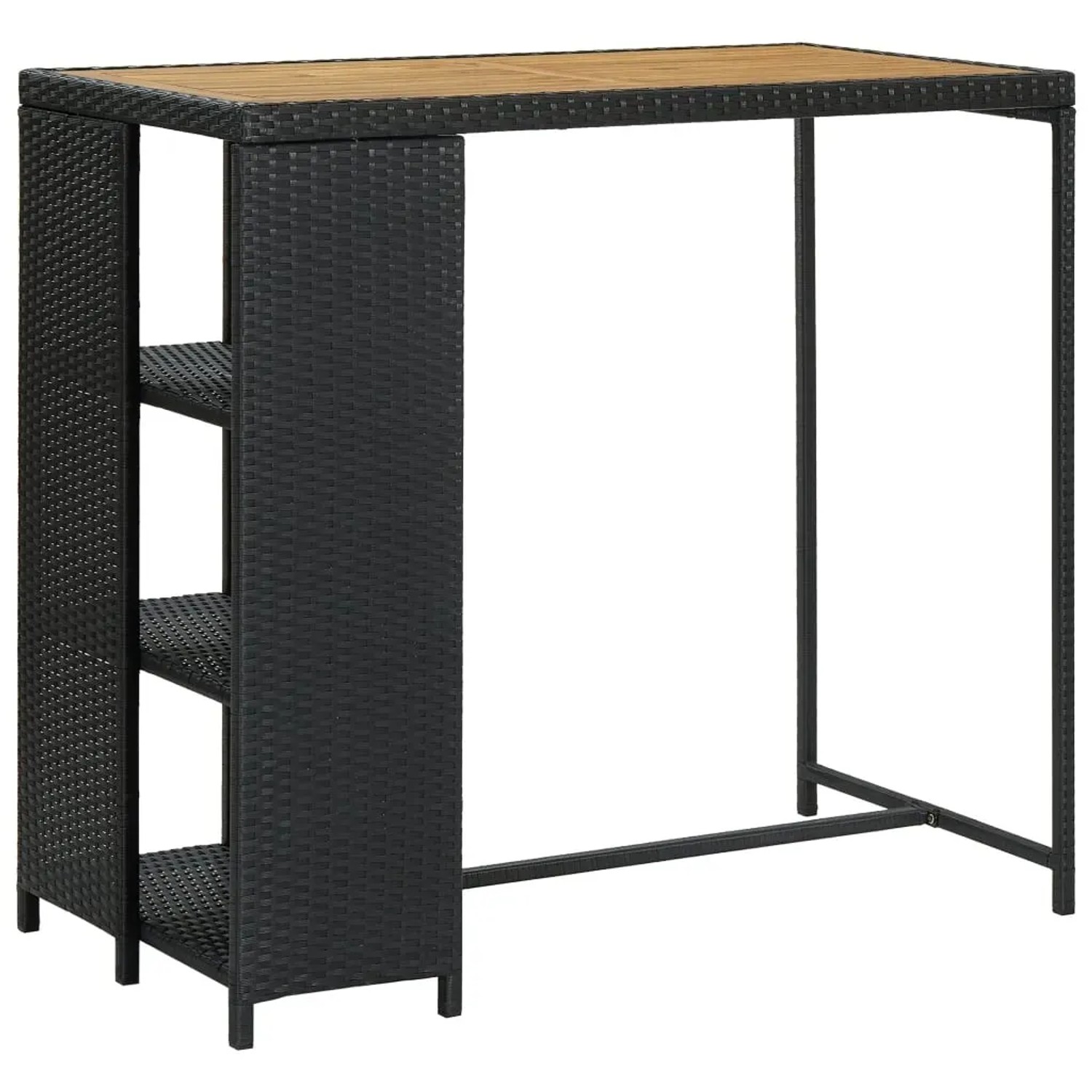 Schwarzer vidaXL Bartisch mit Regal aus Poly Rattan und Akazienholz, 120x60x110 cm.