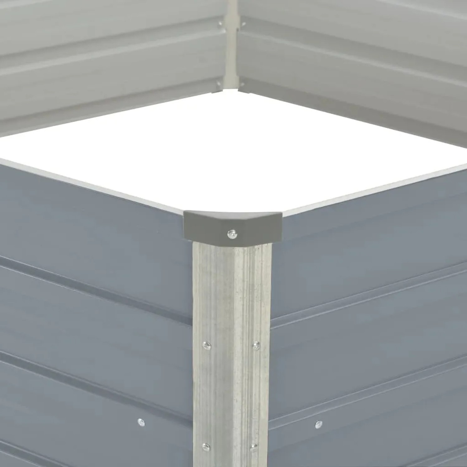Detailansicht: Graues furnicato Hochbeet aus verzinktem Stahl, Eckverbindung.