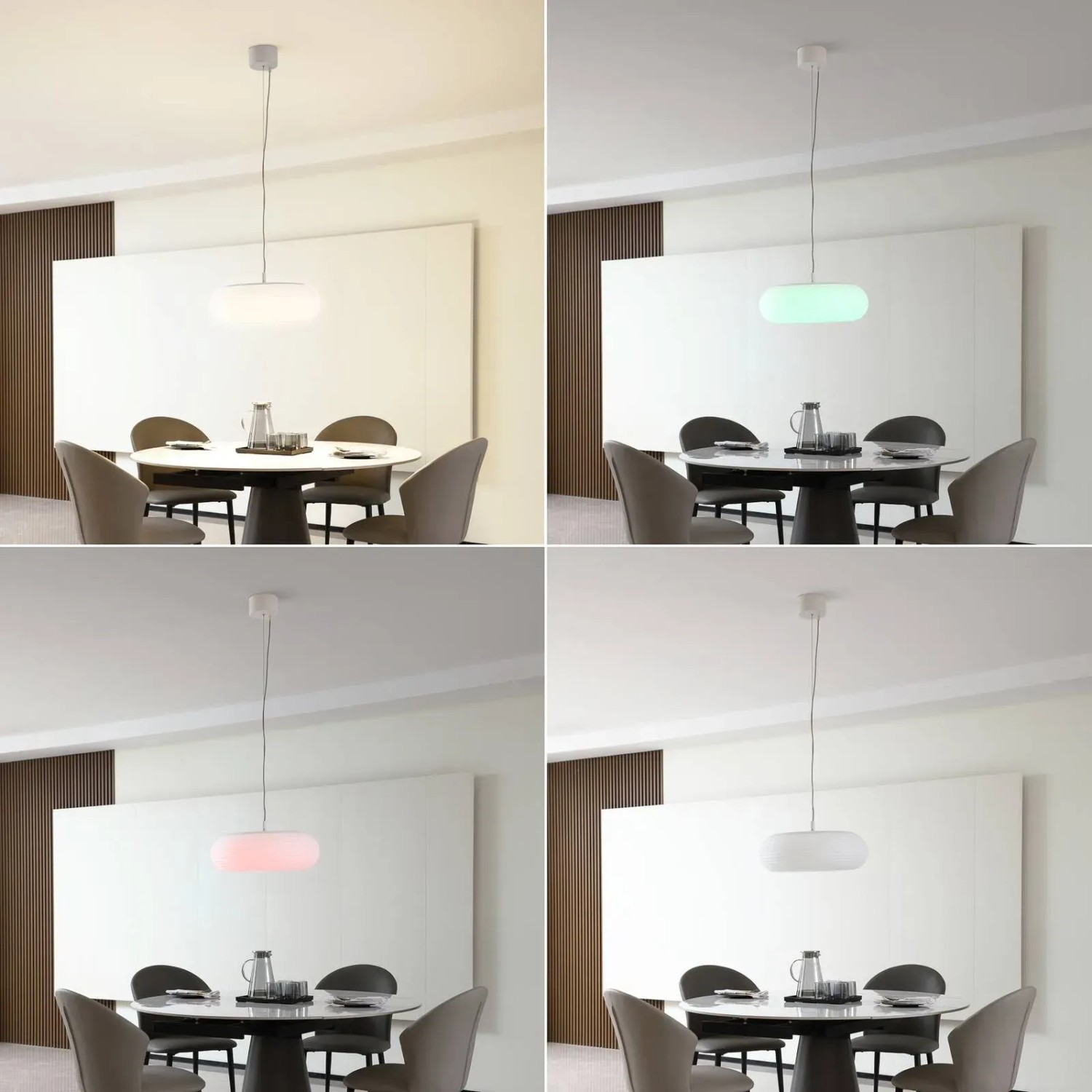 Smarte LED Pendelleuchte Bolti, weiß, dimmbar mit Leselampe über Esstisch in verschiedenen Farben.