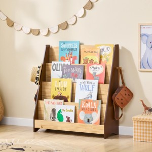 SoBuy Kinder Bücherregal mit 4 Fächern und Haken, Kiefernholz natur, für Kinderzimmer.