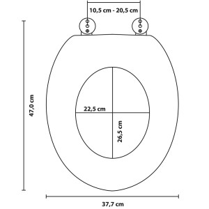 Skizze: Sanilo WC-Sitz Rosen mit Maßen, Toilettendeckel aus Holz.