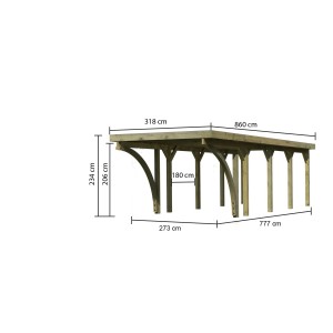 Karibu Carport Classic 3 mit Einfahrtsbögen, KDI Grün, Maße