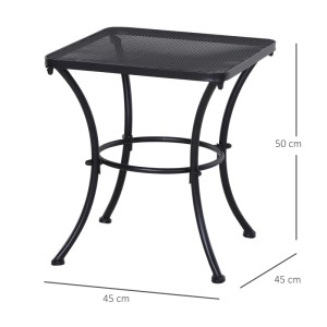 Schwarzer Outsunny Metall-Beistelltisch für Garten und Balkon, 45x45x50 cm, mit Mesh-Tischplatte.