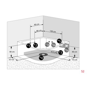 Skizze der AquaVapore Whirlpool Badewanne W06R-TH 152x152cm mit Maßangaben.