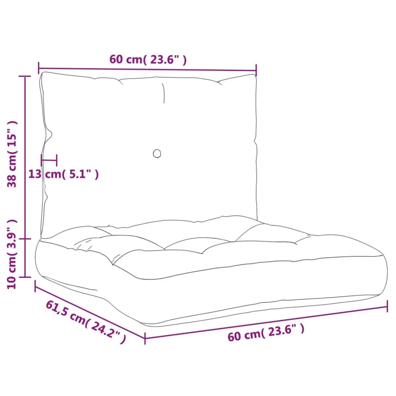 Maße der grauen vidaXL Palettenkissen (2-tlg.): Sitzkissen 61,5x60x10cm, Rückenkissen 60x38x13cm. Gartenauflagen.