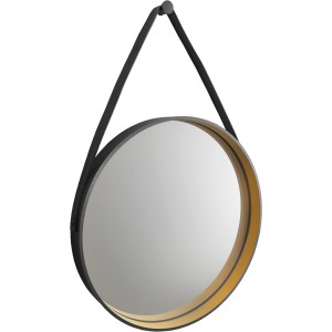 Runder DSK Design Spiegel Black Primavera, Ø 55 cm, mit schwarzem Rahmen und goldener Innenseite.